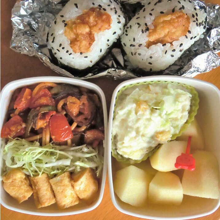 こどものお弁当★チキむす＆夏野菜のスパゲッティ